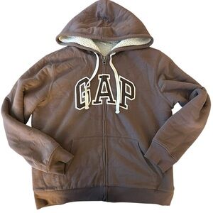 GAP Brown Zip-Up Jacket with Logo, hood and Sherpa lining